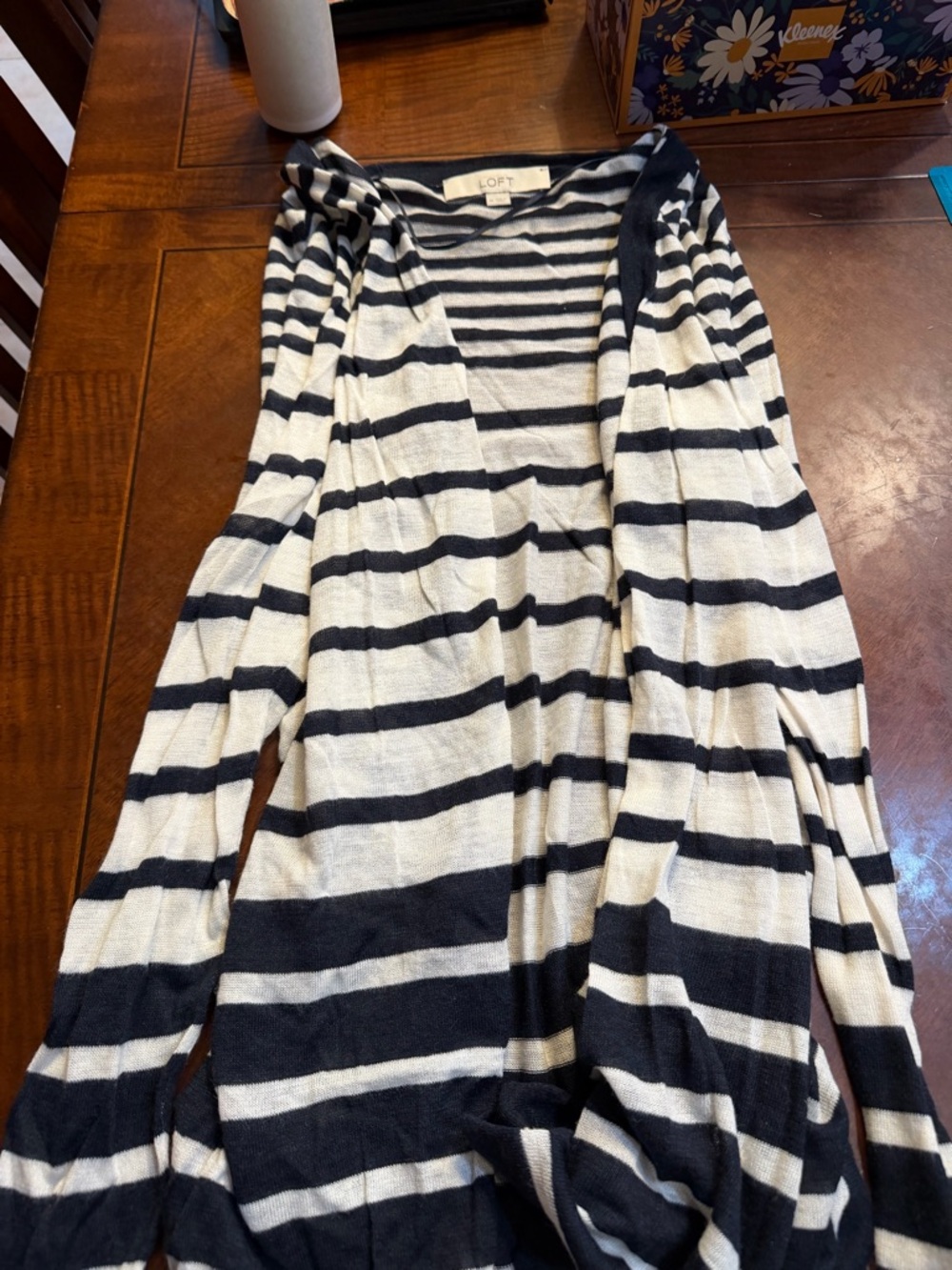 Ann Taylor LOFT Navy and White Striped Lightweight open front cardigan